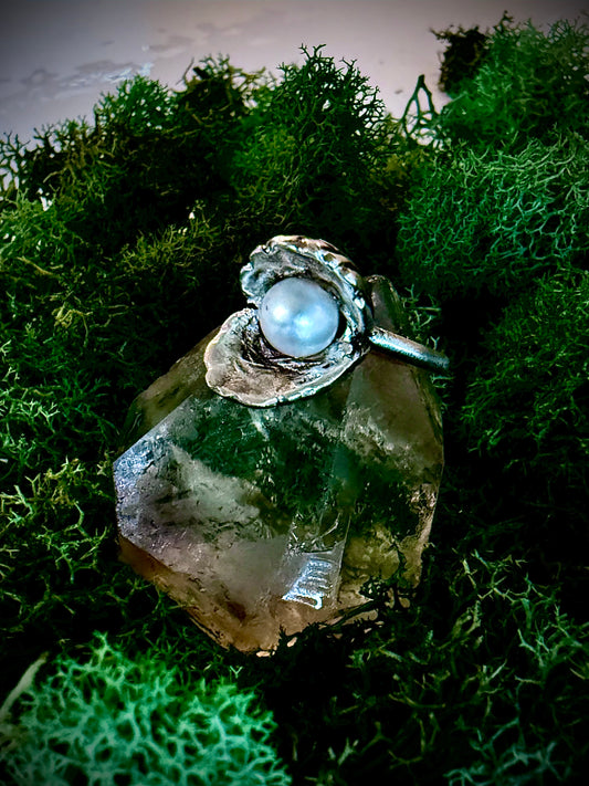 Fine Silver Pearl Shell Ring – Handmade Ocean Pearl Statement Ring, Witchy Sea Goddess Jewelry